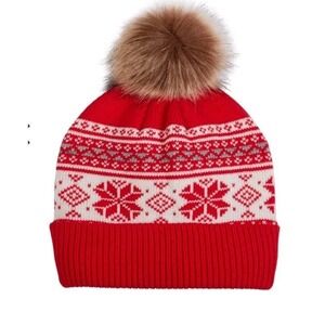 Northeast Outfitters Cozy Cabin Women's Red Nordic Pom Pom Beanie Christmas